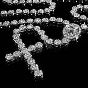 Mens Iced Rosary Necklace Cluster Cross Necklace